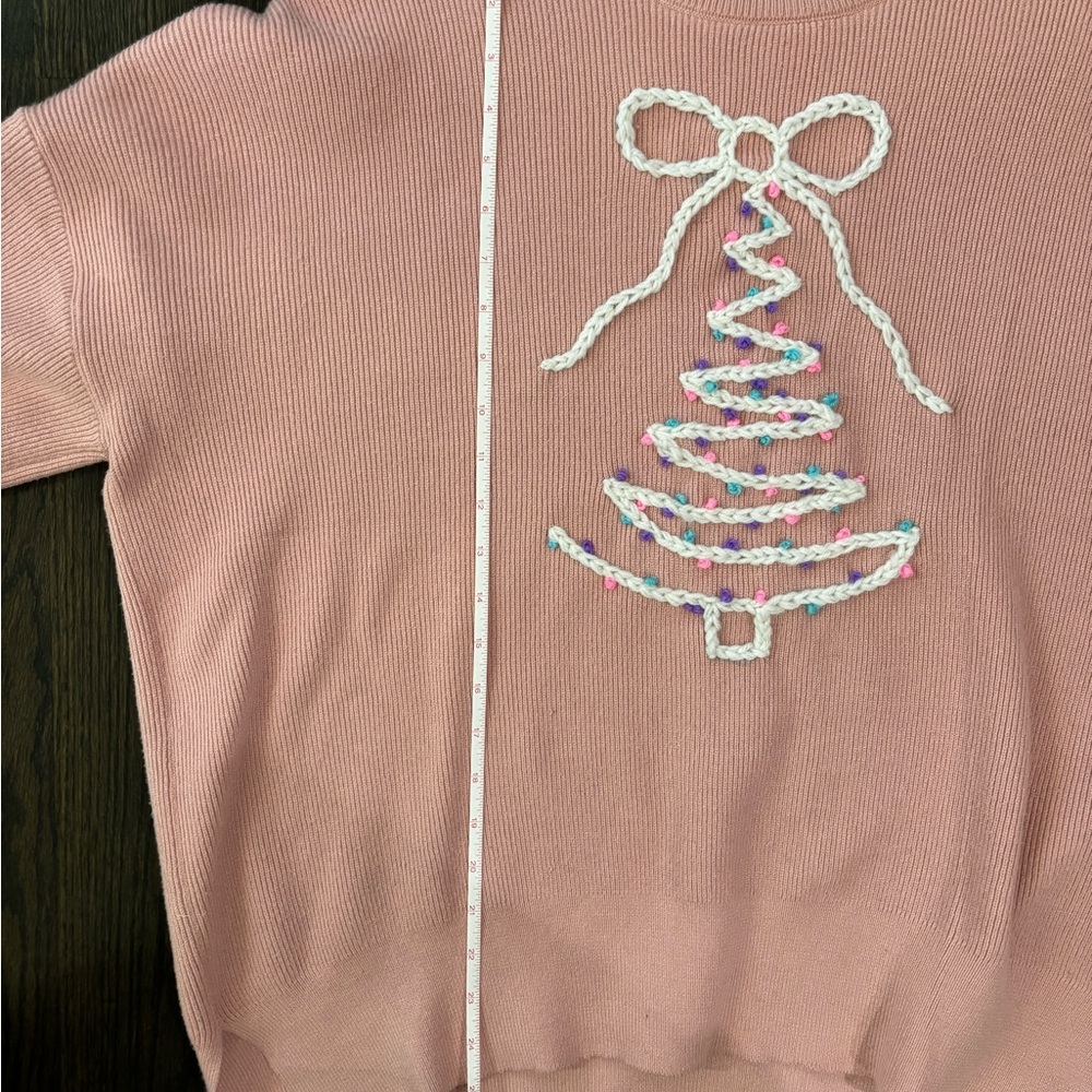 Hand Drawn and Embroidered Pink Holiday Bow Tree Sweater XL - Picture 6 of 10